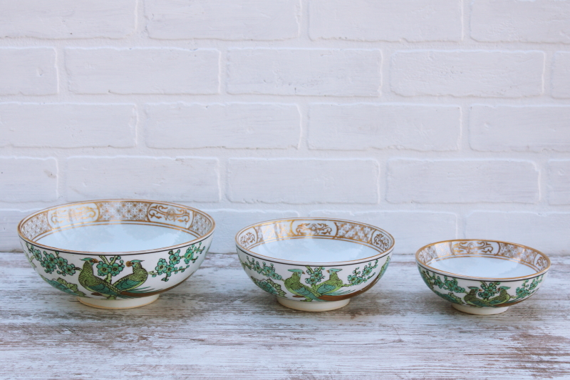 photo of rare Gold Imari vintage Japan porcelain bowls trio, teal green chinoiserie hand painted peacock birds #1