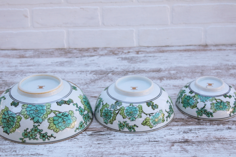 photo of rare Gold Imari vintage Japan porcelain bowls trio, teal green chinoiserie hand painted peacock birds #2