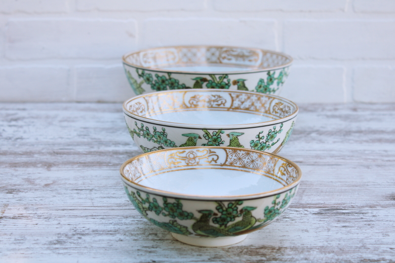 photo of rare Gold Imari vintage Japan porcelain bowls trio, teal green chinoiserie hand painted peacock birds #7