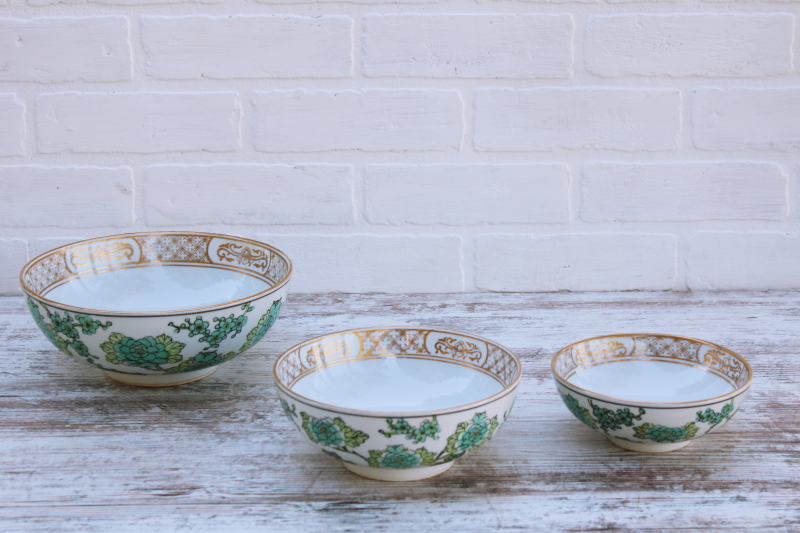 photo of rare Gold Imari vintage Japan porcelain bowls trio, teal green chinoiserie hand painted peacock birds #8