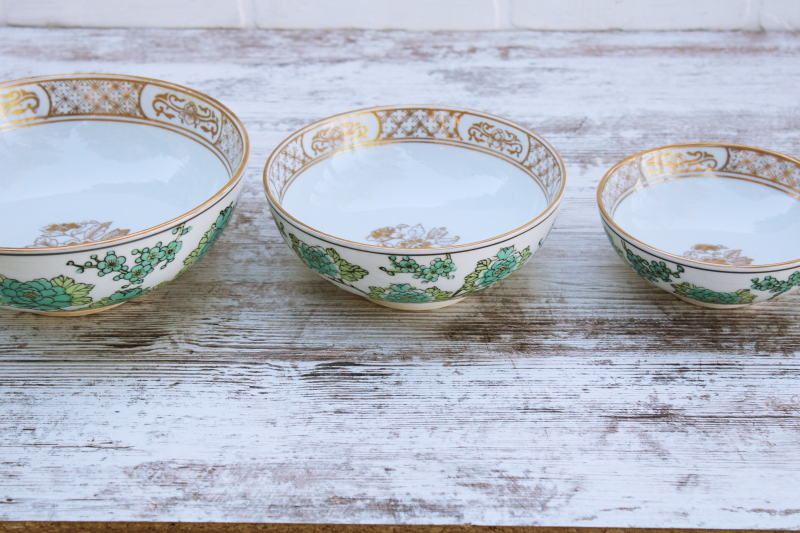 photo of rare Gold Imari vintage Japan porcelain bowls trio, teal green chinoiserie hand painted peacock birds #9