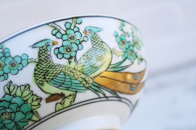 photo of rare Gold Imari vintage Japan porcelain bowls trio, teal green chinoiserie hand painted peacock birds #13