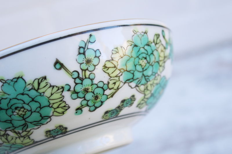 photo of rare Gold Imari vintage Japan porcelain bowls trio, teal green chinoiserie hand painted peacock birds #14