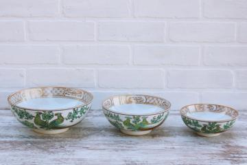 catalog photo of rare Gold Imari vintage Japan porcelain bowls trio, teal green chinoiserie hand painted peacock birds