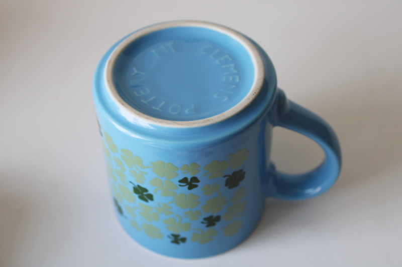 photo of rare Good Luck mug, vintage Mt Clemens pottery ceramic coffee cup w/ green shamrock clover  #3