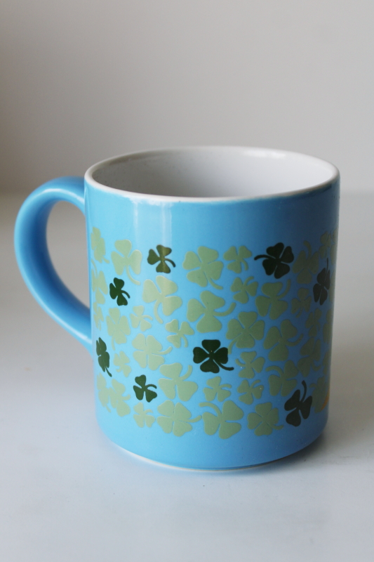 photo of rare Good Luck mug, vintage Mt Clemens pottery ceramic coffee cup w/ green shamrock clover  #4