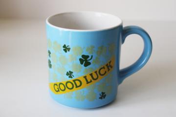 rare Good Luck mug, vintage Mt Clemens pottery ceramic coffee cup w/ green shamrock clover 