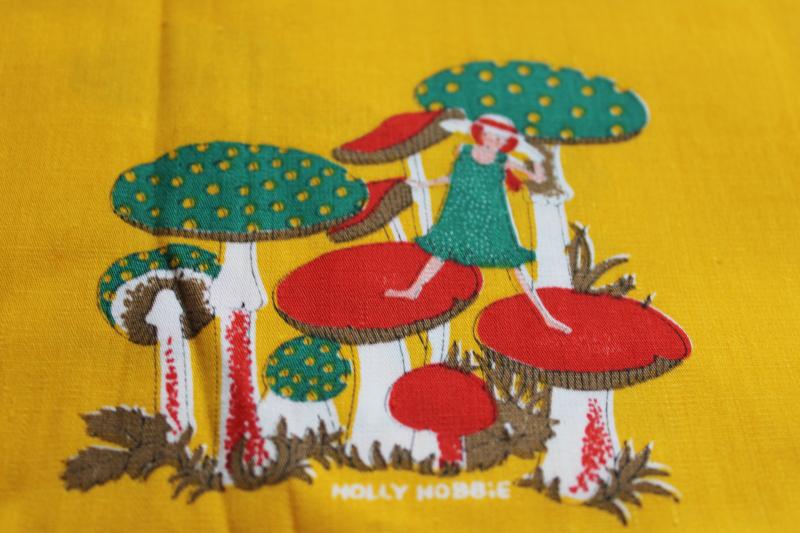 photo of rare Holly Hobbie print fabric, girls w/ giant mushrooms Manes American Greetings #3