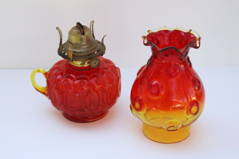 photo of rare Moon & Stars pattern glass oil lamp w/ chimney shade, vintage LE Smith glass amberina color  #3
