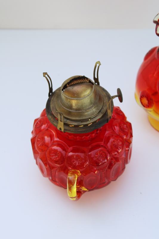 photo of rare Moon & Stars pattern glass oil lamp w/ chimney shade, vintage LE Smith glass amberina color  #7