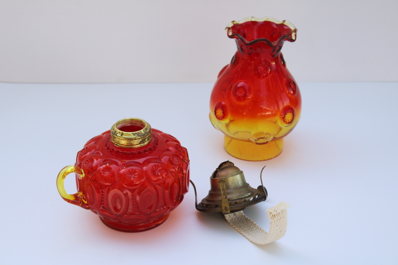 photo of rare Moon & Stars pattern glass oil lamp w/ chimney shade, vintage LE Smith glass amberina color  #8