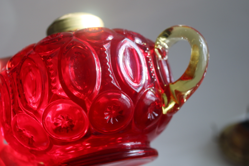 photo of rare Moon & Stars pattern glass oil lamp w/ chimney shade, vintage LE Smith glass amberina color  #2