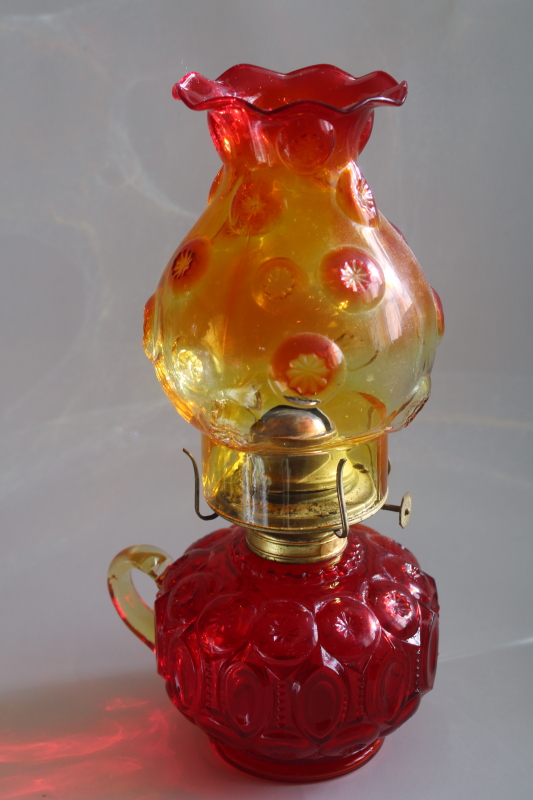 photo of rare Moon & Stars pattern glass oil lamp w/ chimney shade, vintage LE Smith glass amberina color  #3