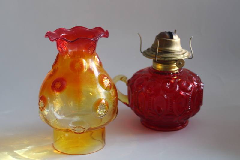 photo of rare Moon & Stars pattern glass oil lamp w/ chimney shade, vintage LE Smith glass amberina color  #4
