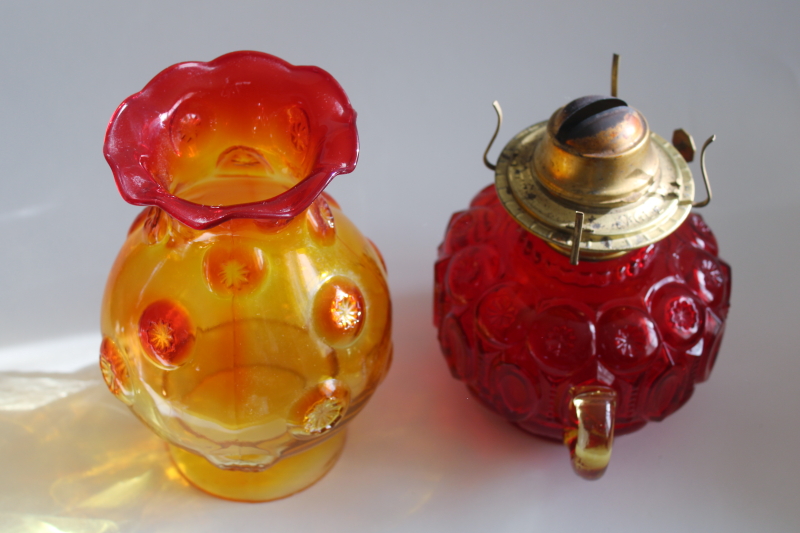 photo of rare Moon & Stars pattern glass oil lamp w/ chimney shade, vintage LE Smith glass amberina color  #5