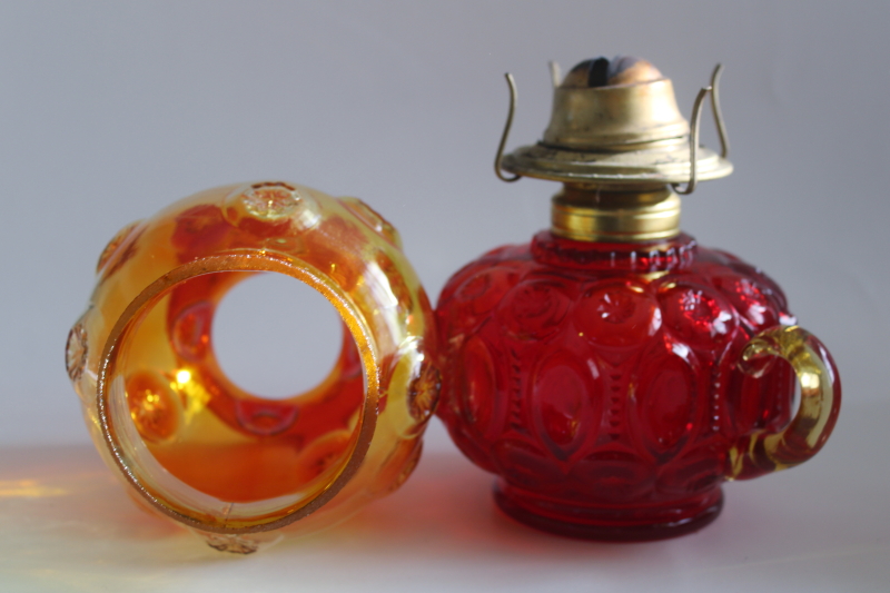 photo of rare Moon & Stars pattern glass oil lamp w/ chimney shade, vintage LE Smith glass amberina color  #6