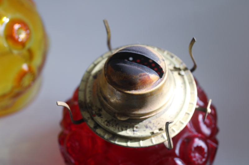 photo of rare Moon & Stars pattern glass oil lamp w/ chimney shade, vintage LE Smith glass amberina color  #7