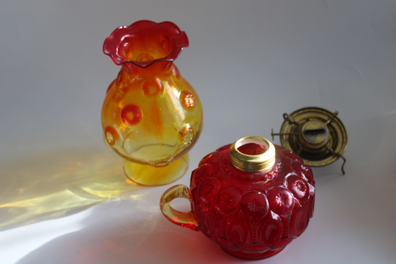 photo of rare Moon & Stars pattern glass oil lamp w/ chimney shade, vintage LE Smith glass amberina color  #8