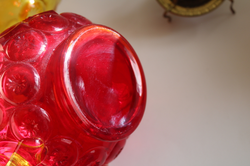 photo of rare Moon & Stars pattern glass oil lamp w/ chimney shade, vintage LE Smith glass amberina color  #9
