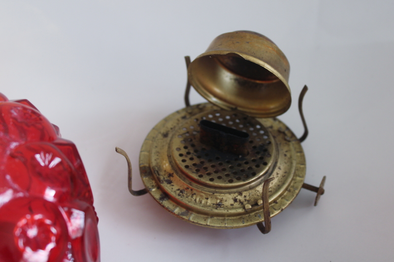 photo of rare Moon & Stars pattern glass oil lamp w/ chimney shade, vintage LE Smith glass amberina color  #10