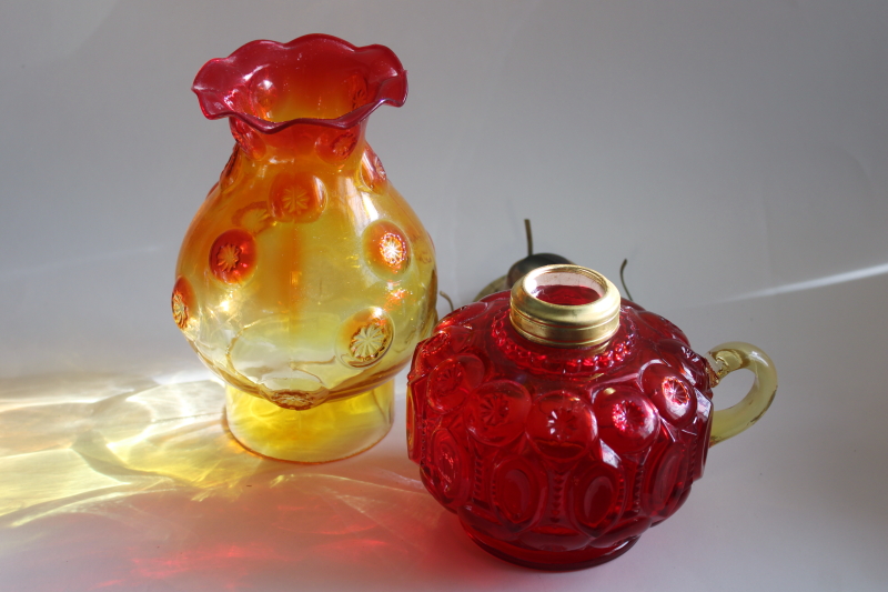 photo of rare Moon & Stars pattern glass oil lamp w/ chimney shade, vintage LE Smith glass amberina color  #11