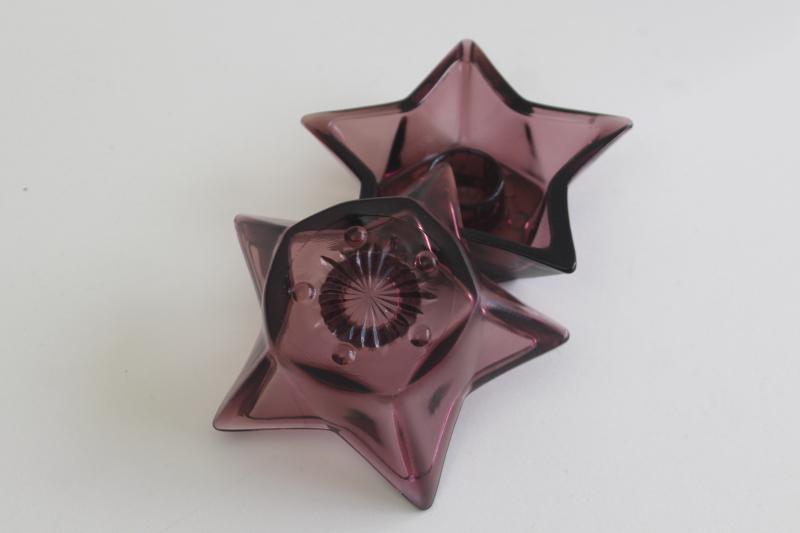 photo of rare Moroccan amethyst glass star shape candle holders, vintage Hazel Atlas glassware #2