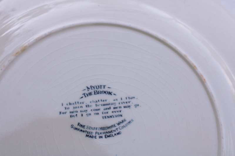 photo of rare Myott The Brook vintage blue & white china dinner plates, Tennyson verse English country scene  #2
