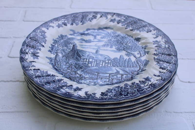 photo of rare Myott The Brook vintage blue & white china dinner plates, Tennyson verse English country scene  #5