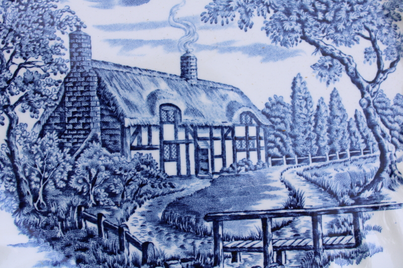 photo of rare Myott The Brook vintage blue & white china dinner plates, Tennyson verse English country scene  #9