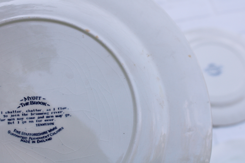 photo of rare Myott The Brook vintage blue & white china dinner plates, Tennyson verse English country scene  #13