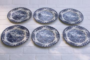 catalog photo of rare Myott The Brook vintage blue & white china dinner plates, Tennyson verse English country scene 