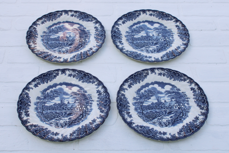 photo of rare Myott The Brook vintage blue & white china luncheon plates, Tennyson verse English country scene #1