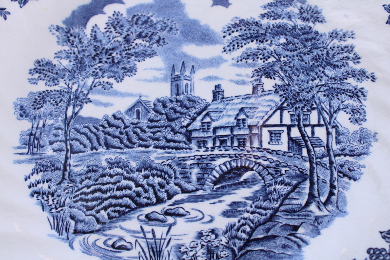 photo of rare Myott The Brook vintage blue & white china luncheon plates, Tennyson verse English country scene  #2