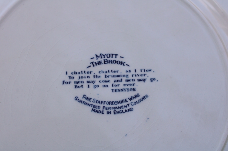 photo of rare Myott The Brook vintage blue & white china luncheon plates, Tennyson verse English country scene  #5
