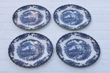 catalog photo of rare Myott The Brook vintage blue & white china luncheon plates, Tennyson verse English country scene 