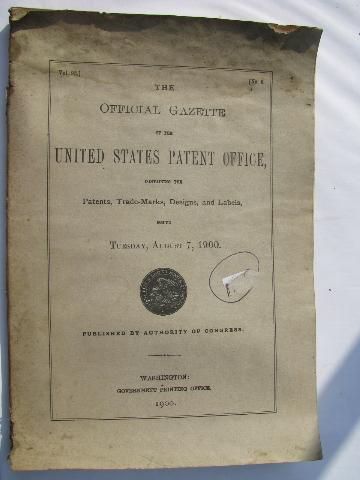 photo of rare antique 1900 illustrated issue of US Patent Office Gazette w/drawings/engravings #1