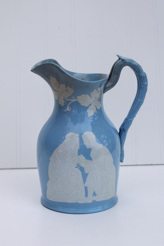 photo of rare antique china wedding jug circa 1840s, early English Arms marking Wedgwood blue color w/ bridal couple #1
