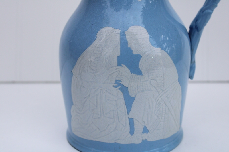 photo of rare antique china wedding jug circa 1840s, early English Arms marking Wedgwood blue color w/ bridal couple #4