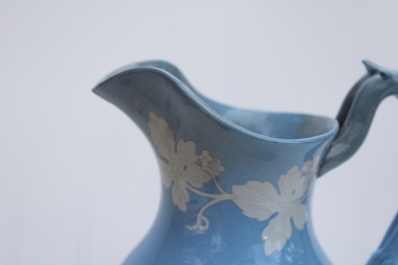 photo of rare antique china wedding jug circa 1840s, early English Arms marking Wedgwood blue color w/ bridal couple #5