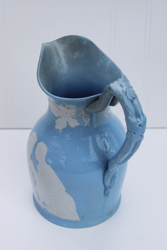 photo of rare antique china wedding jug circa 1840s, early English Arms marking Wedgwood blue color w/ bridal couple #6