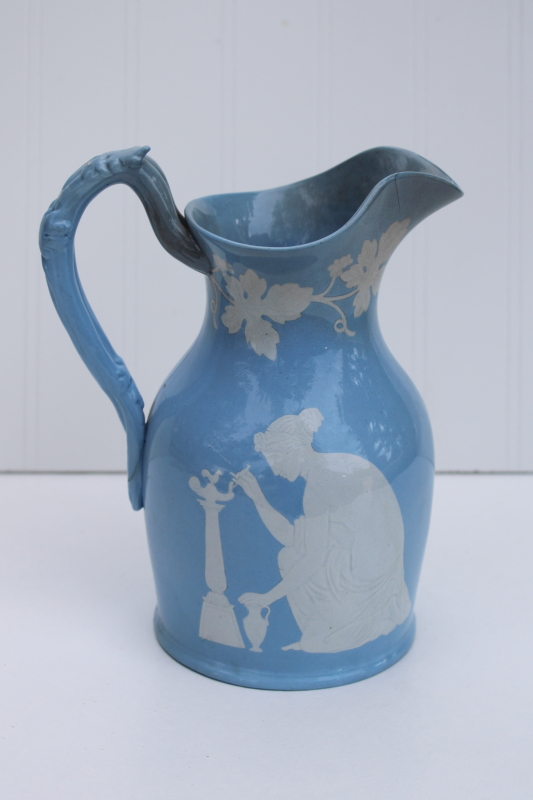 photo of rare antique china wedding jug circa 1840s, early English Arms marking Wedgwood blue color w/ bridal couple #7
