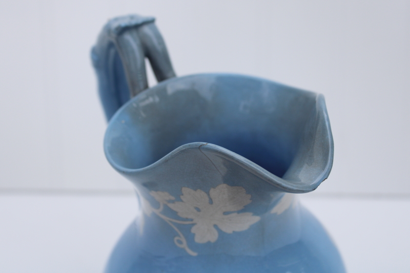 photo of rare antique china wedding jug circa 1840s, early English Arms marking Wedgwood blue color w/ bridal couple #8