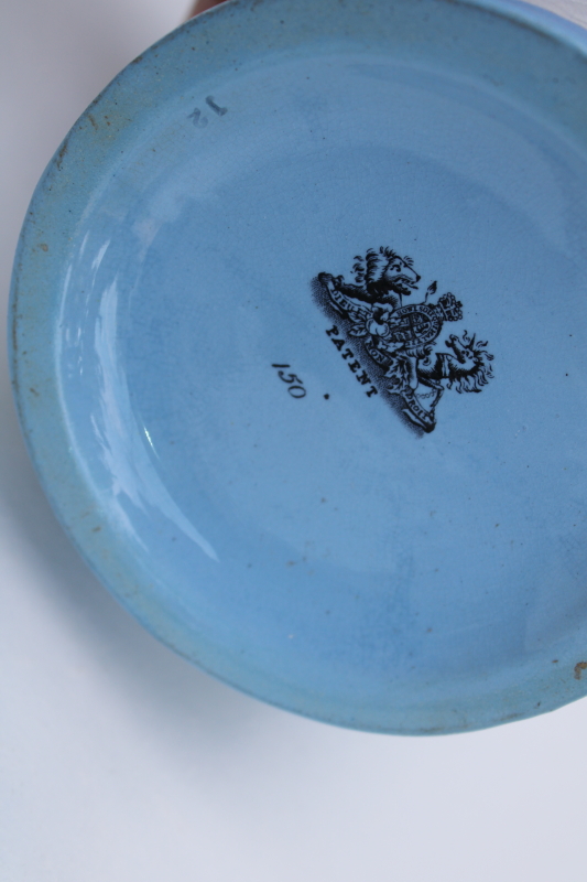 photo of rare antique china wedding jug circa 1840s, early English Arms marking Wedgwood blue color w/ bridal couple #10