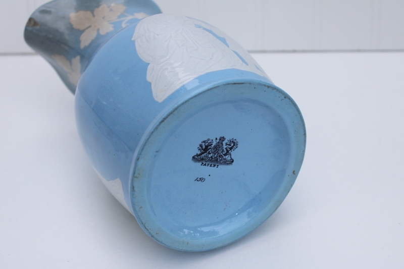 photo of rare antique china wedding jug circa 1840s, early English Arms marking Wedgwood blue color w/ bridal couple #11