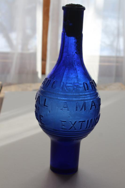 photo of rare antique glass fire extinguisher bottle grenade shape cobalt blue Rockford Kalamazoo #1