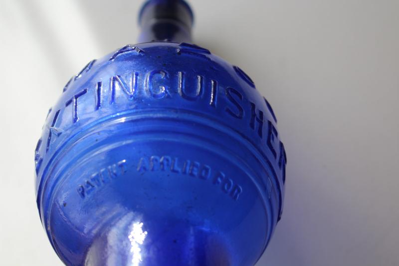 photo of rare antique glass fire extinguisher bottle grenade shape cobalt blue Rockford Kalamazoo #2