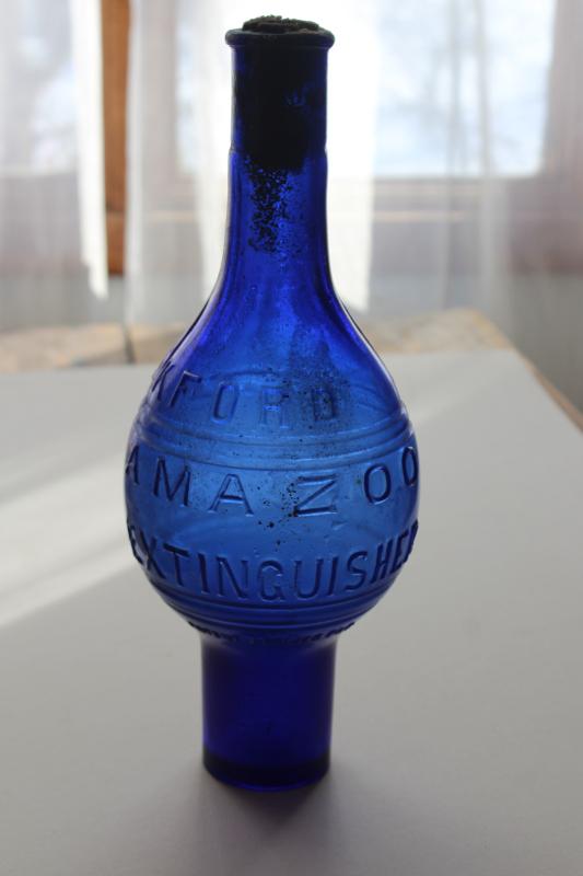 photo of rare antique glass fire extinguisher bottle grenade shape cobalt blue Rockford Kalamazoo #3
