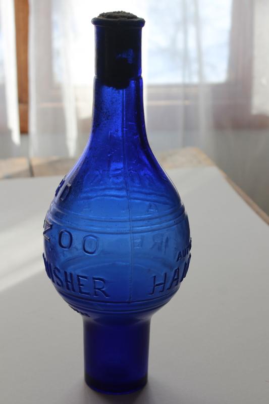 photo of rare antique glass fire extinguisher bottle grenade shape cobalt blue Rockford Kalamazoo #4