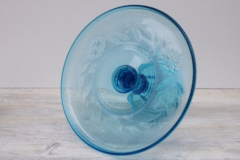 photo of rare blue EAPG glass cake stand, sandwich glass style pressed glass Dahlia pattern #1