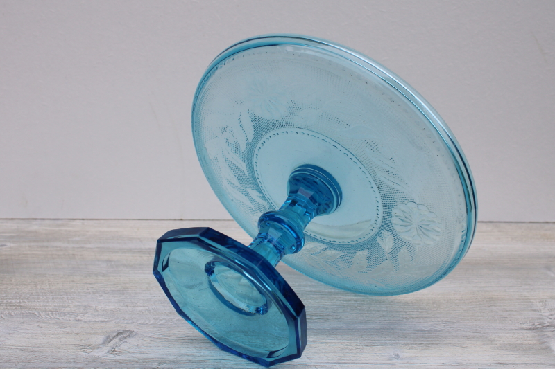 photo of rare blue EAPG glass cake stand, sandwich glass style pressed glass Dahlia pattern #2